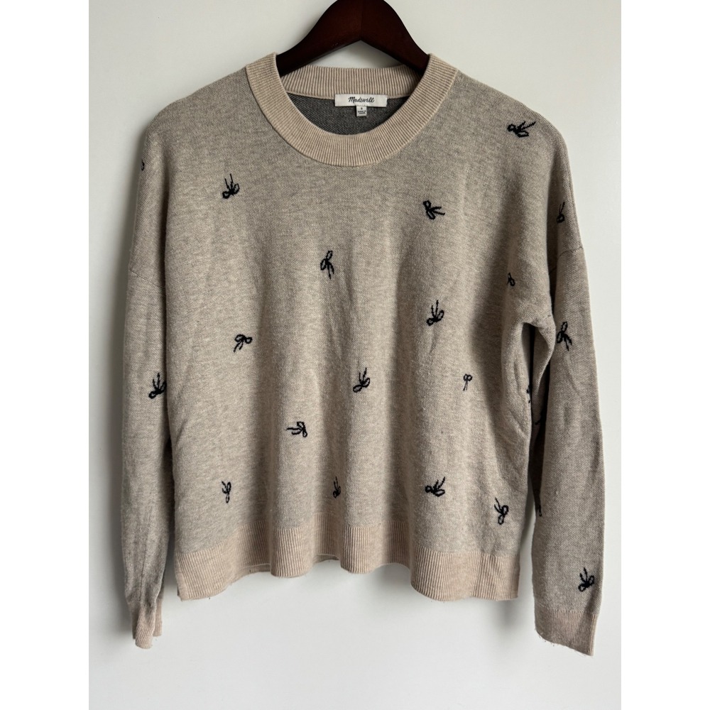 Madewell Bow Embroidered Crewneck Cashmere Sweater Beige Coquette Preppy Small